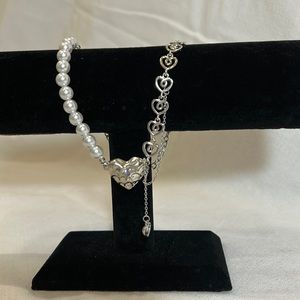 Silver heart chain and pearl necklace